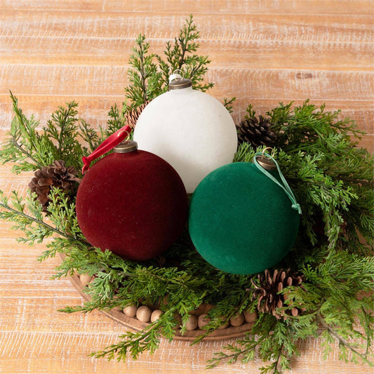 Flocked Ornament Balls - Green, Burgundy, Cream,