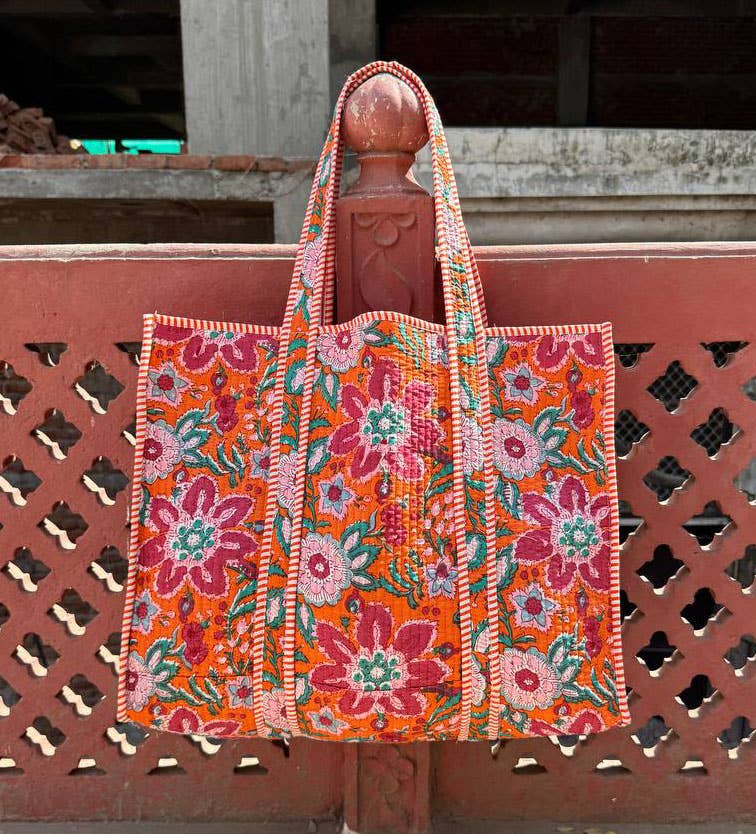 Orange Cotton Bag Floral Printed Bag Travel Bag Grocery Bags
