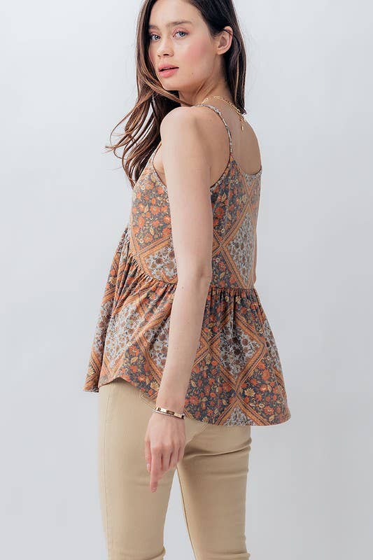 GEO FLORAL PEPLUM TANK