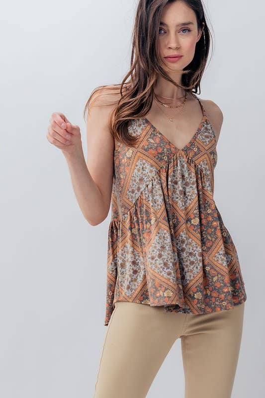 GEO FLORAL PEPLUM TANK