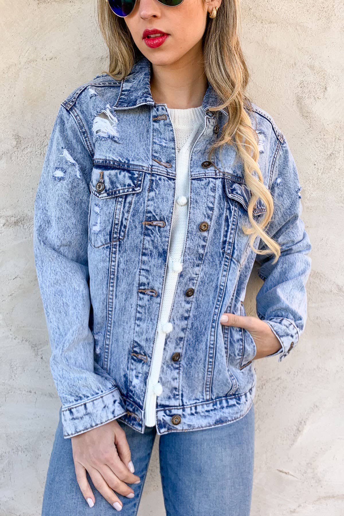 Blue Distressed Casual Denim Jacket