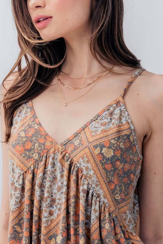 GEO FLORAL PEPLUM TANK