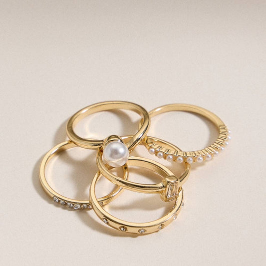 Gold Pearl and Crystal Ring Set