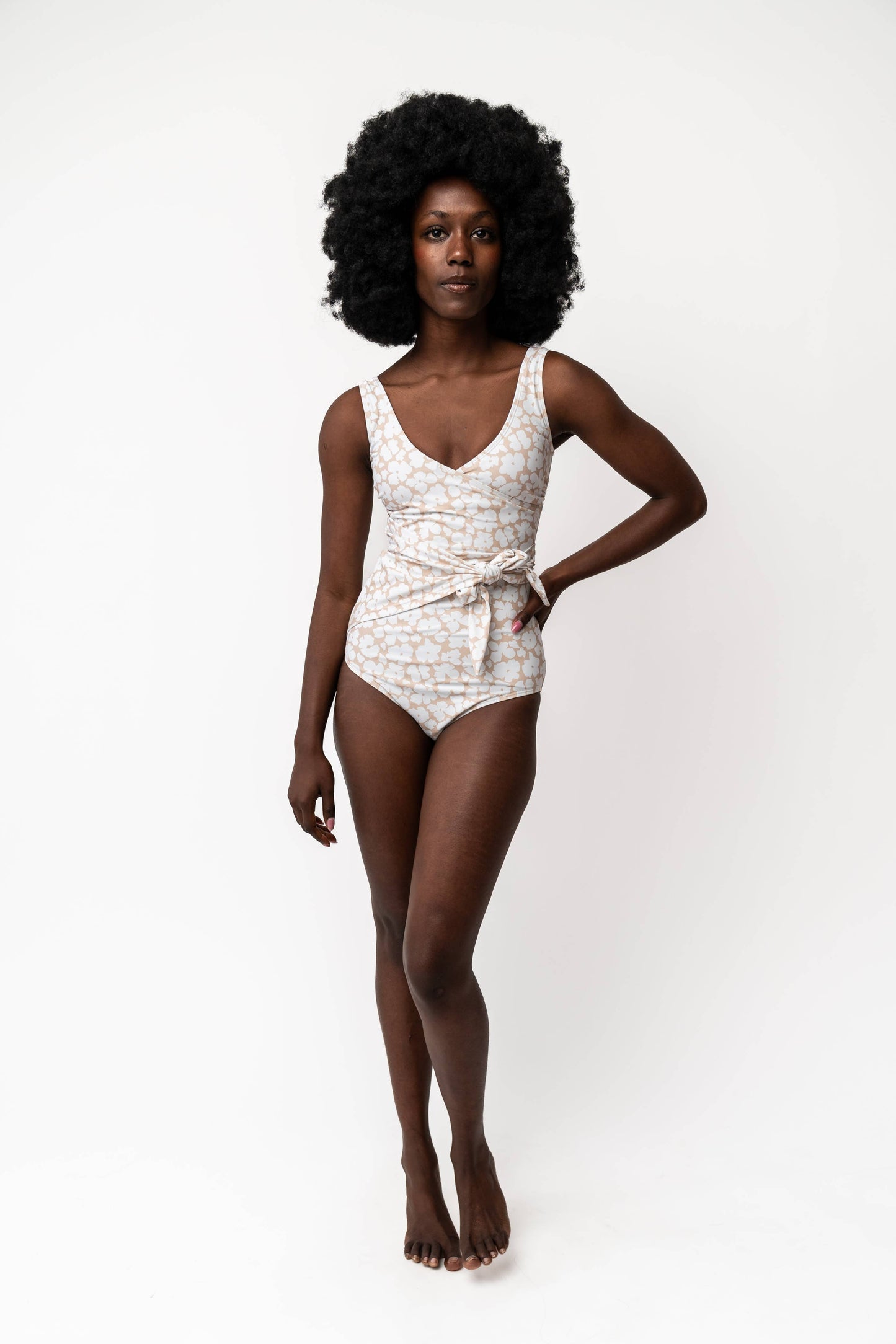 Tan Floral Wrap Front One Piece