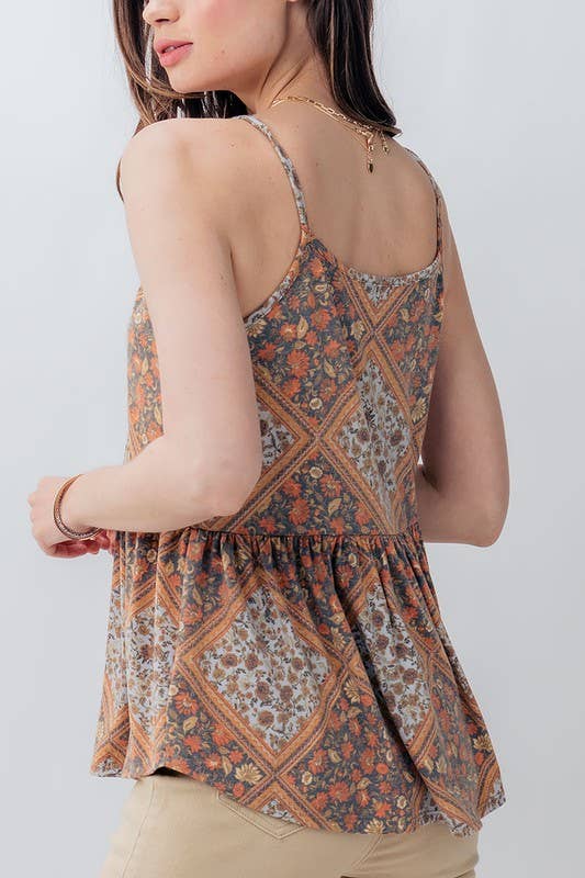 GEO FLORAL PEPLUM TANK