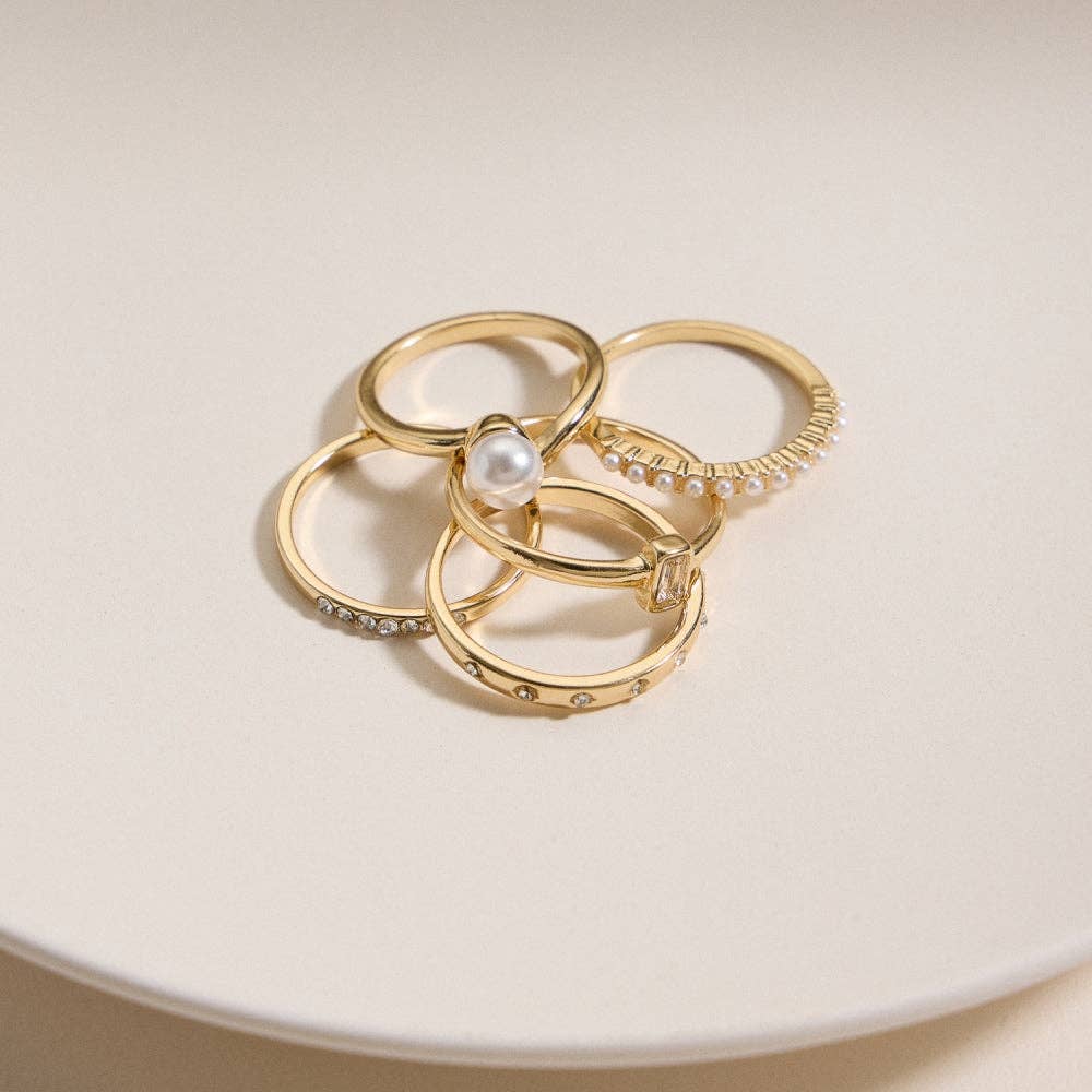 Gold Pearl and Crystal Ring Set
