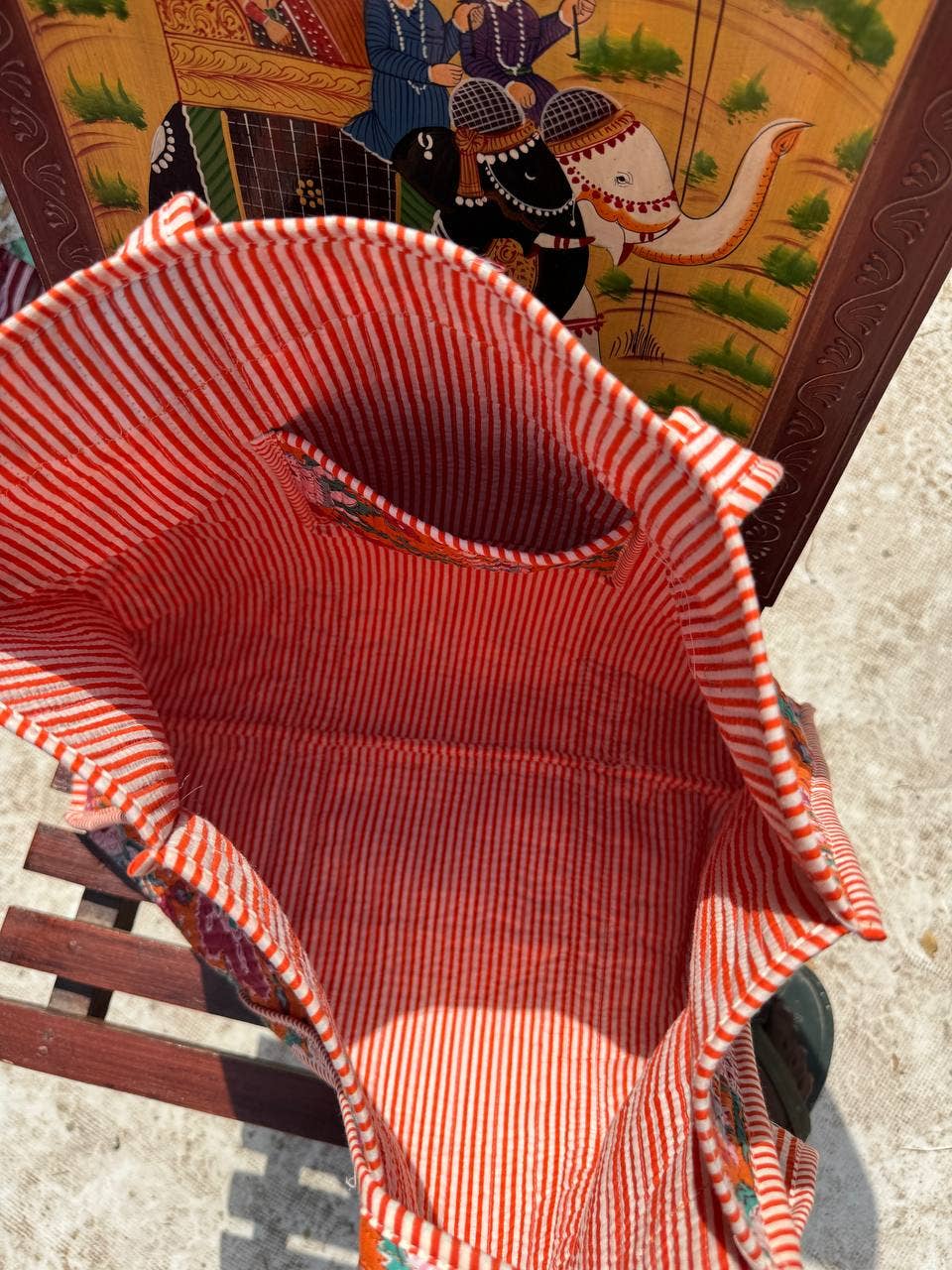 Orange Cotton Bag Floral Printed Bag Travel Bag Grocery Bags
