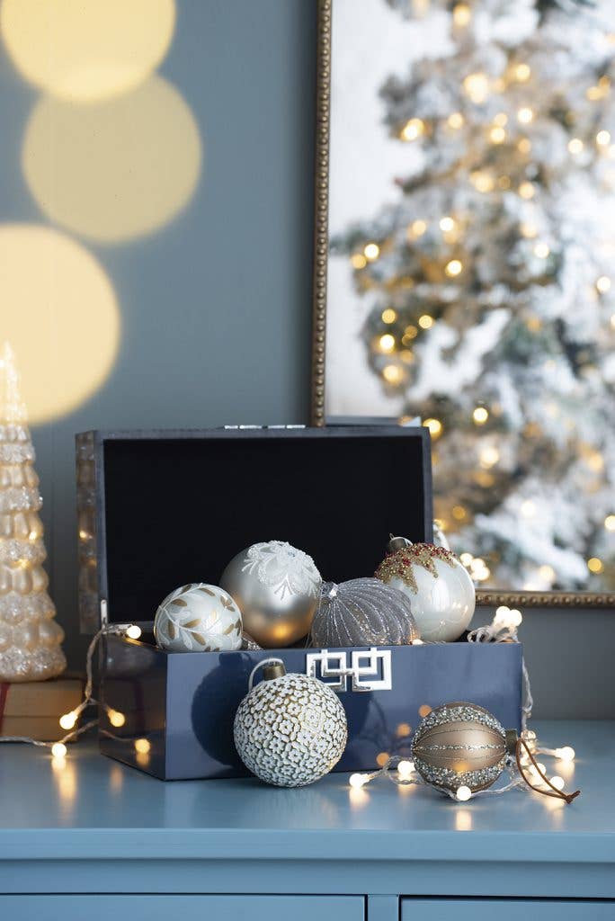D3" Glass Xmas Ball Ornament - White/Gold