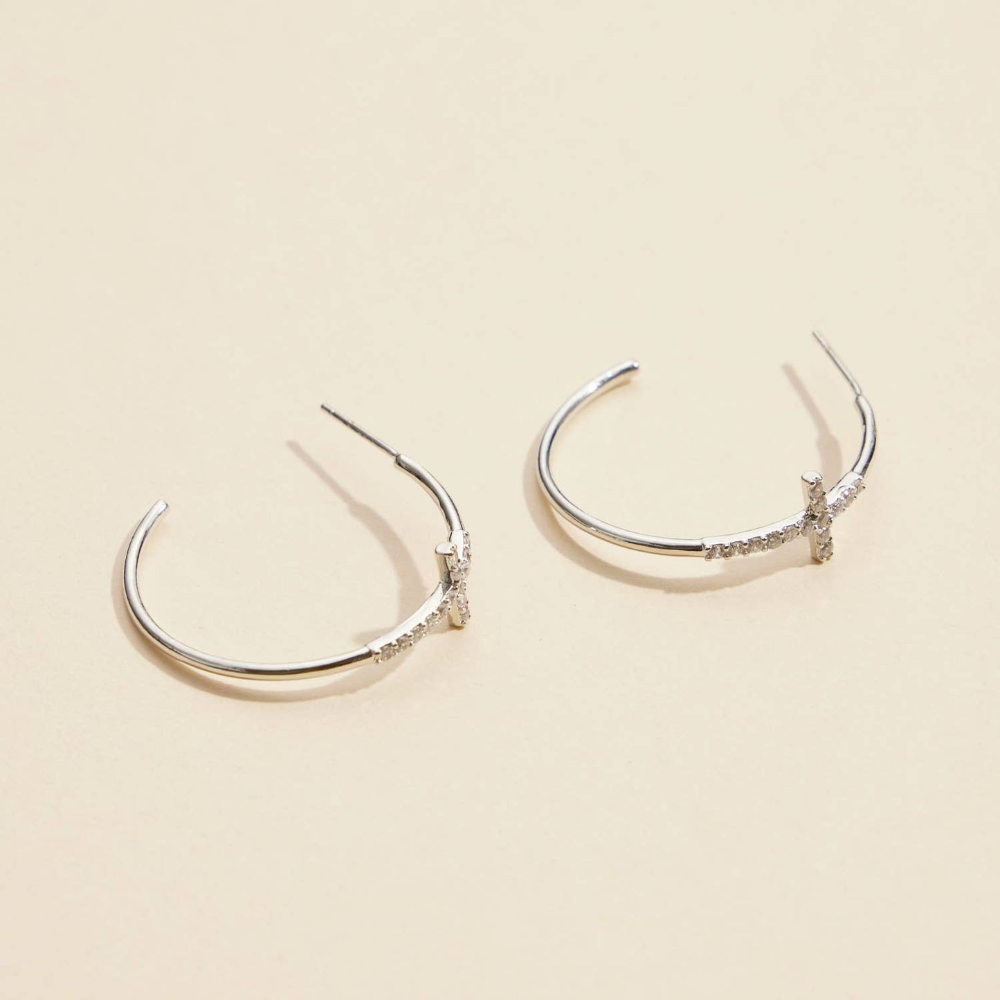 Cross Rhinestone White Gold Hoops