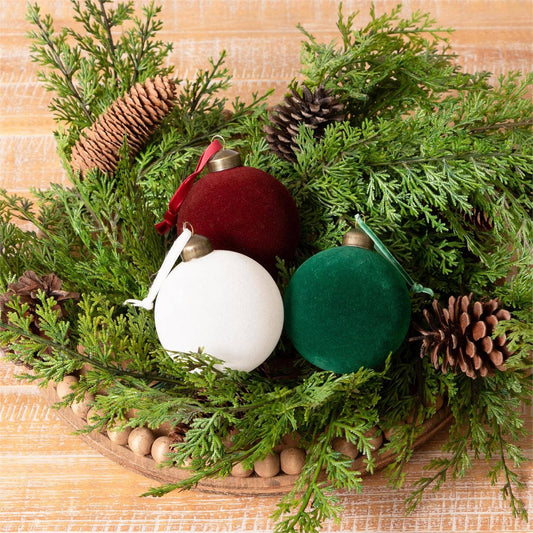 Flocked Ornament Balls Small - Green, Burgundy, Cream