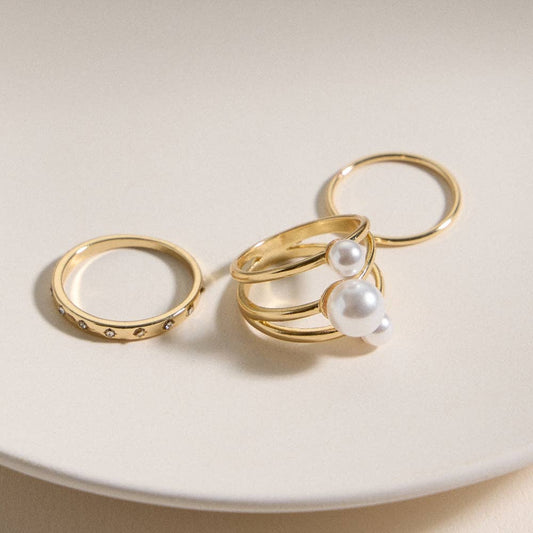 Elegant Gold Pearl Ring Trio