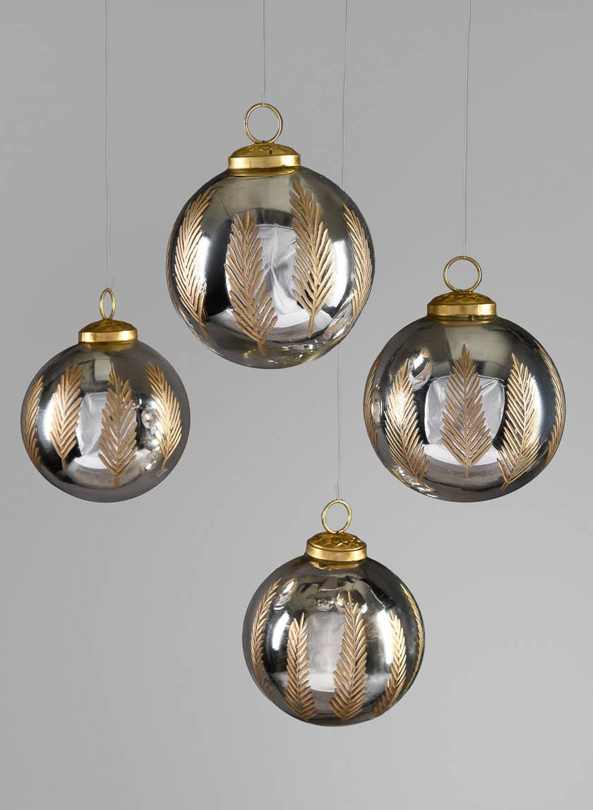 4in Round Al-Hambra Palm Leaf Silver Glass Ornament