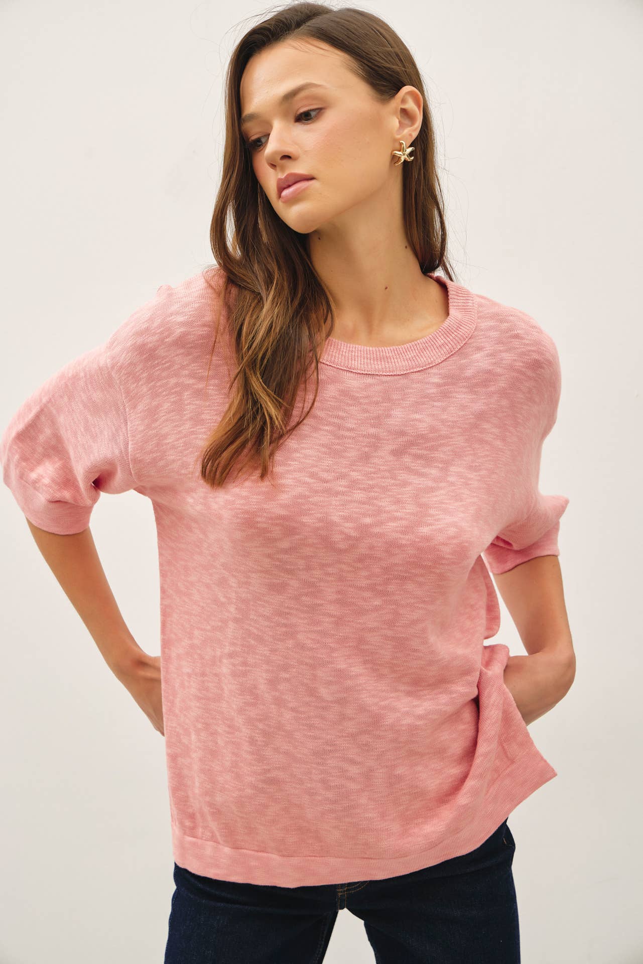 SHORT SLEEVE COTTON SLUB SWEATER TOP