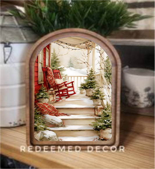 Arch Top Cozy Christmas Porch Framed Art