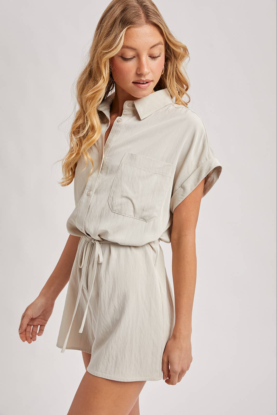 UTILITY FLOWY SHORT SLEEVE BELTED ROMPER