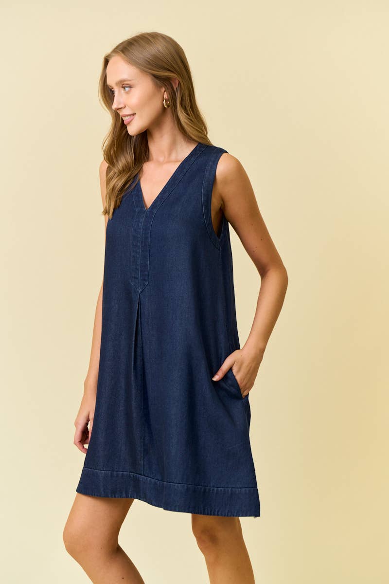 DENIM V-NECK SLEEVELESS A-LINE DRESS - 28288D
