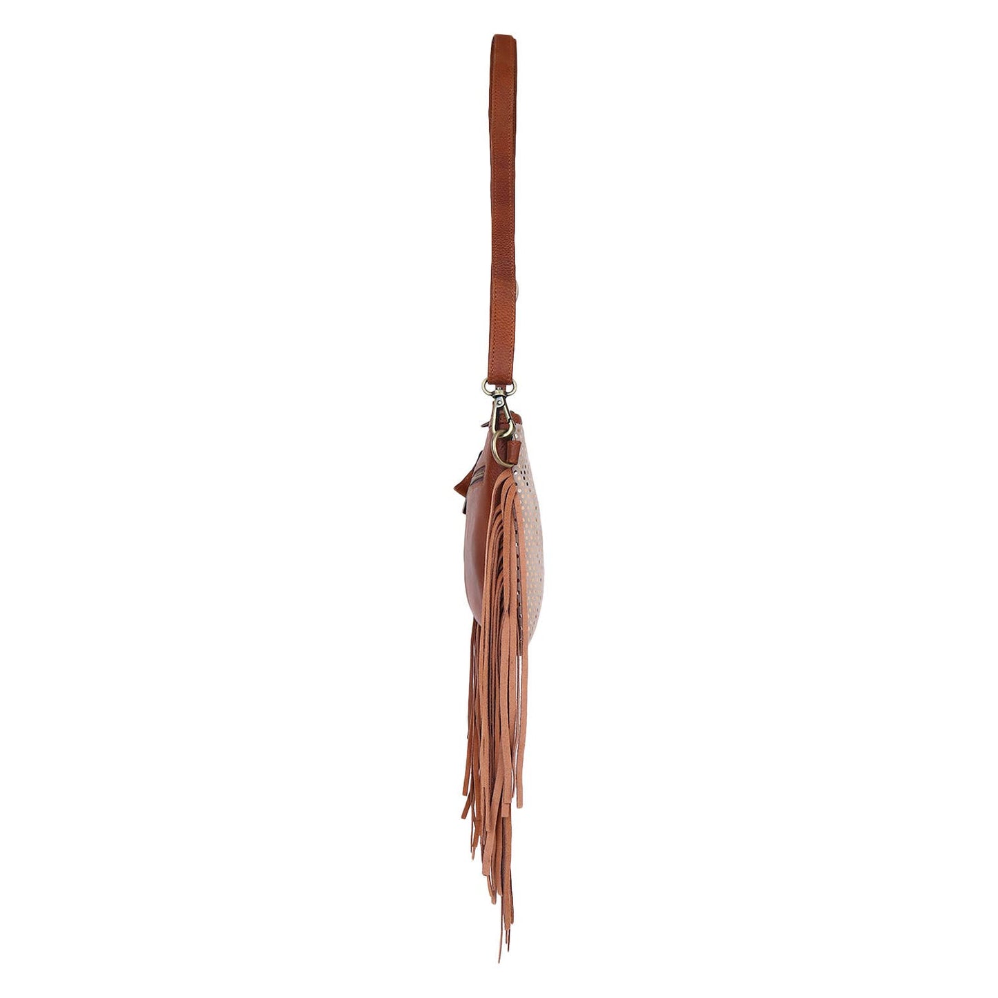 Leather  Fringed Women Sling - Rose Gold Brown Polka Dot