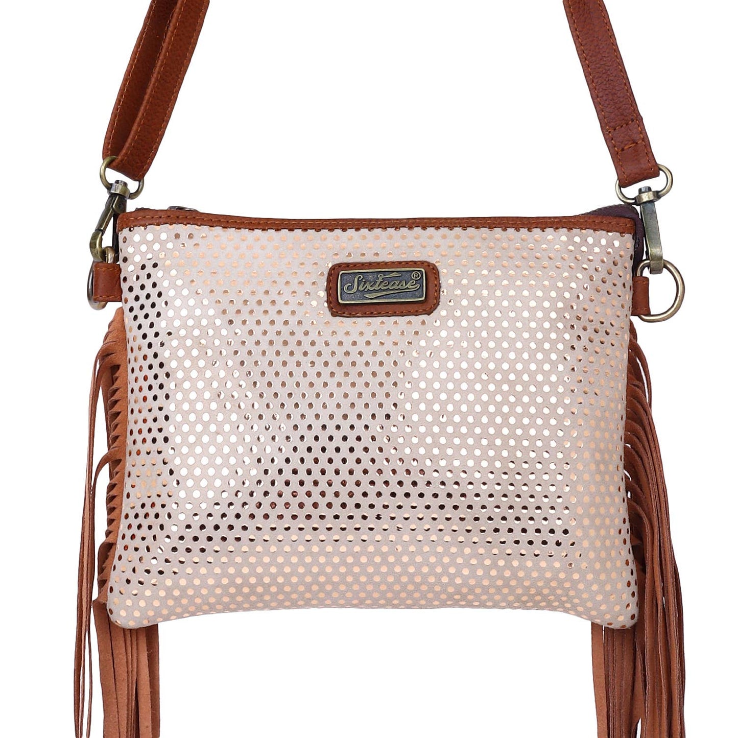Leather  Fringed Women Sling - Rose Gold Brown Polka Dot