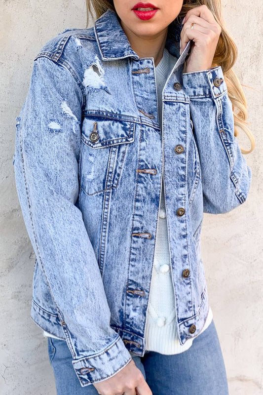 Blue Distressed Casual Denim Jacket