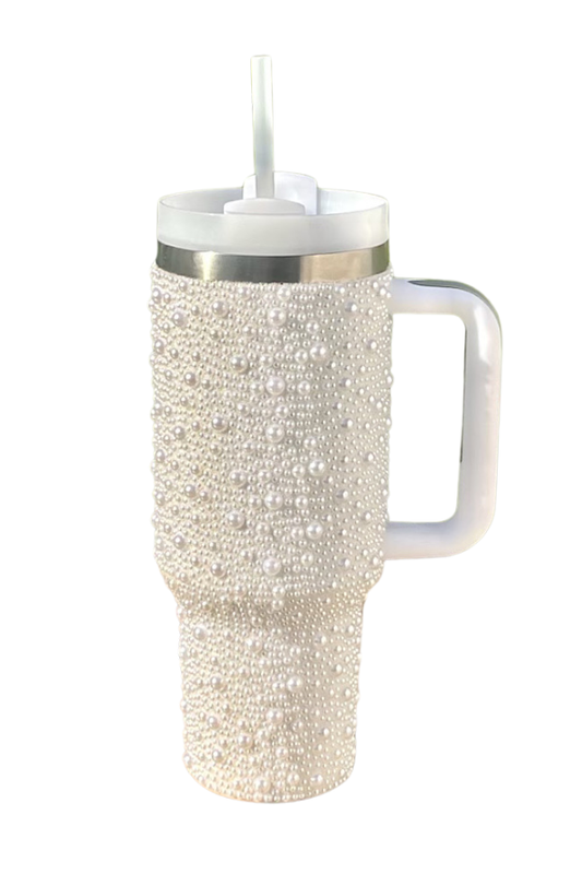 40 oz White Pearl Studded Tumbler