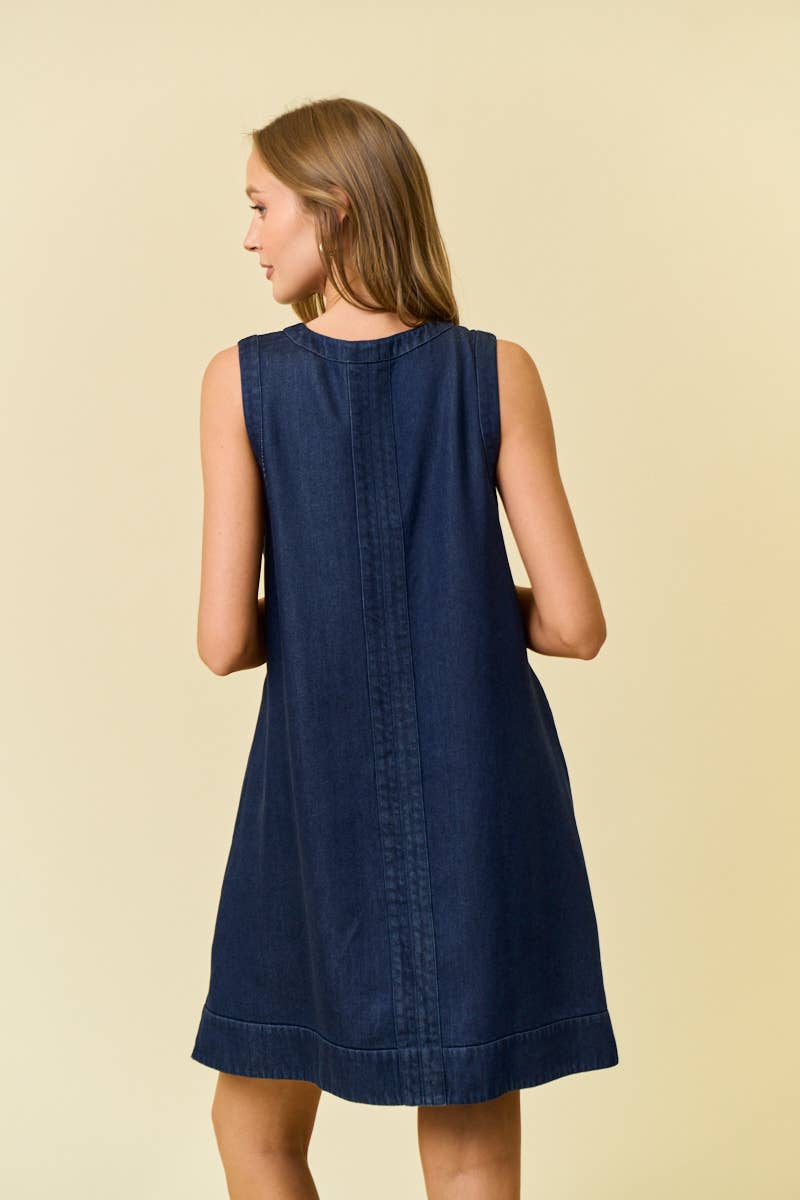 DENIM V-NECK SLEEVELESS A-LINE DRESS - 28288D