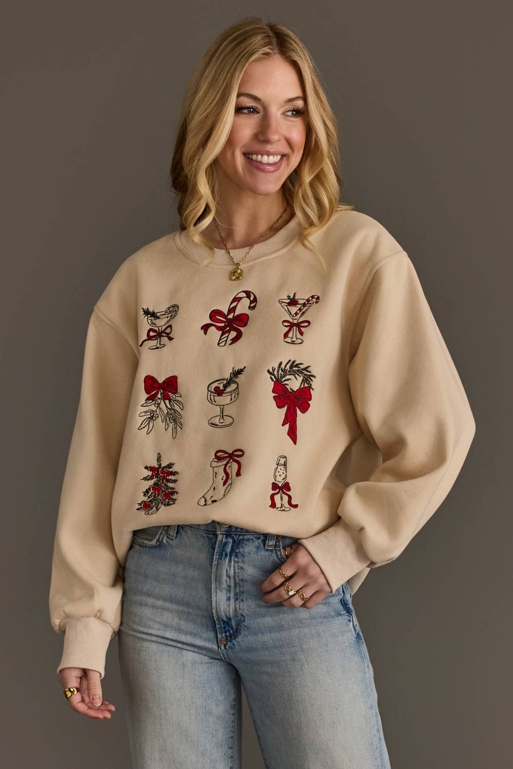 Beige Christmas Graphics Embroidered Sweatshirt