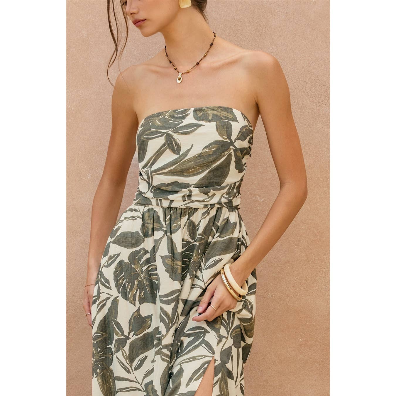 Swaying Palms Strapless Ruched Maxi Dress
