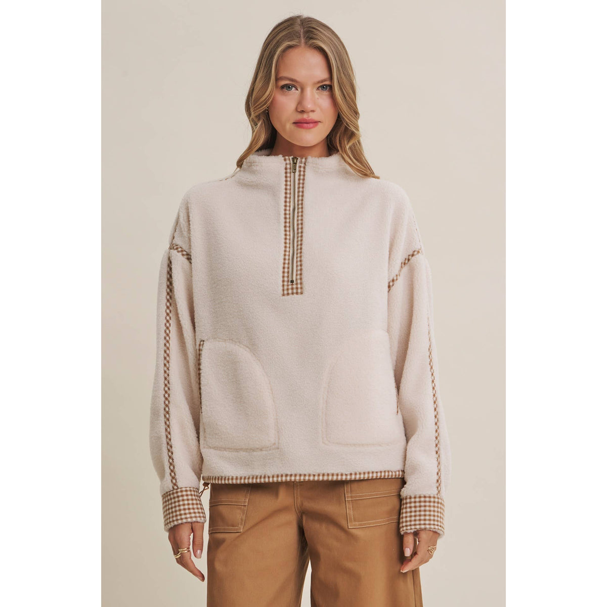 COZY CABIN GINGHAM TRIM SHERPA FLEECE HALF-ZIP PULLOVER