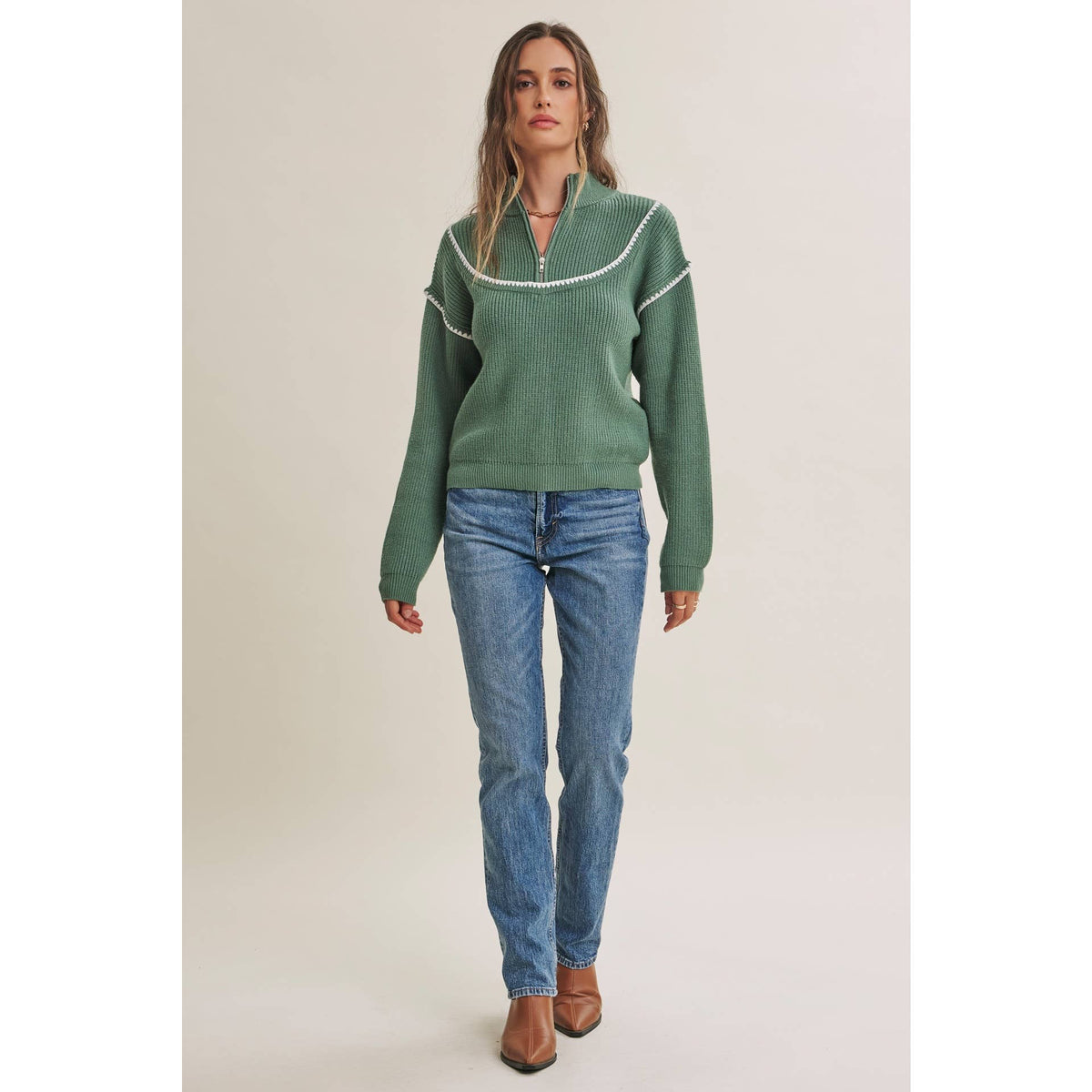 CABIN AIR CONTRAST WHIPSTITCH EMBROIDERY HALF ZIP SWEATER