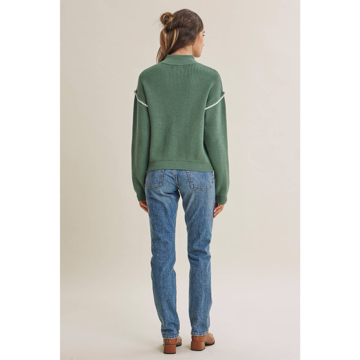 CABIN AIR CONTRAST WHIPSTITCH EMBROIDERY HALF ZIP SWEATER