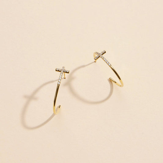 Cross Rhinestone White Gold Hoops