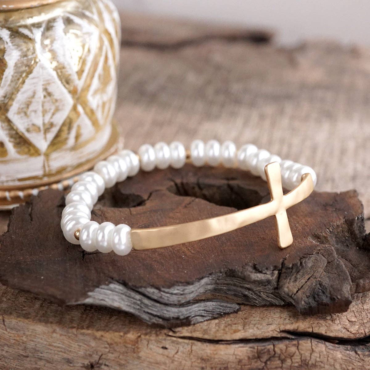Rondelle Pearls Cross Bracelet – Faithful Pop