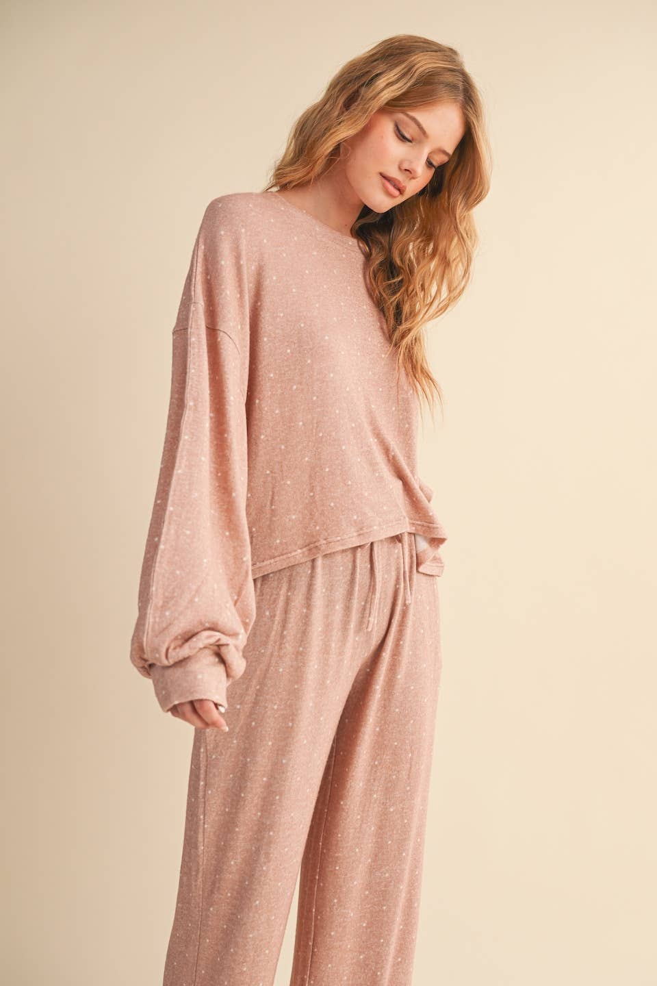 Polka Dot Print Hacci Long Sleeve Crewneck Top