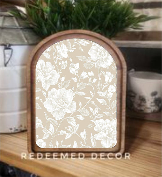 Arch Top Taupe White Floral Framed Art