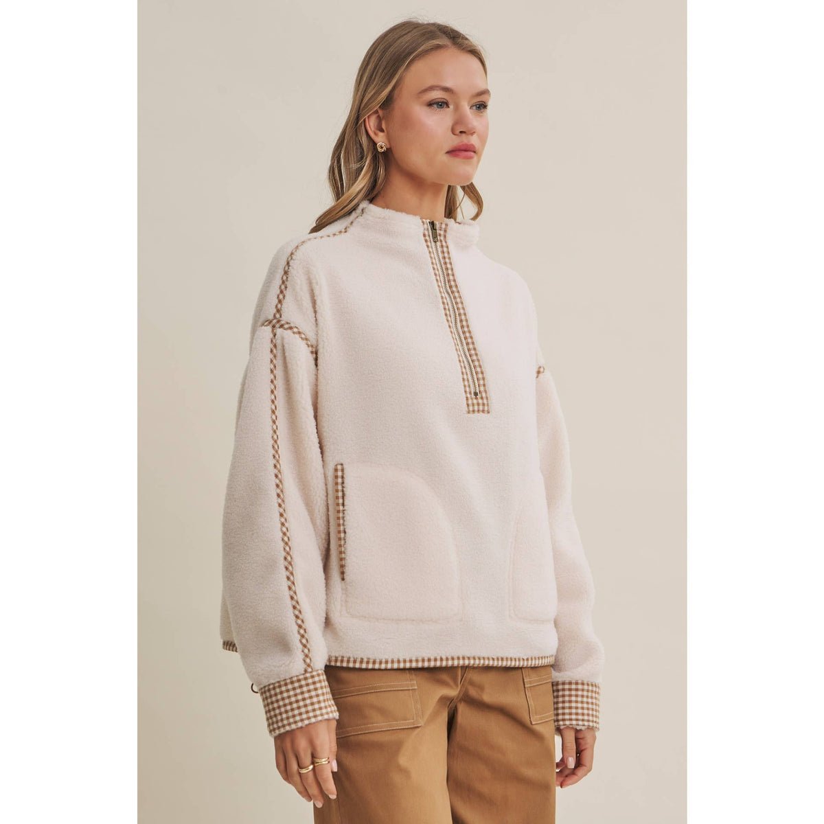 COZY CABIN GINGHAM TRIM SHERPA FLEECE HALF-ZIP PULLOVER
