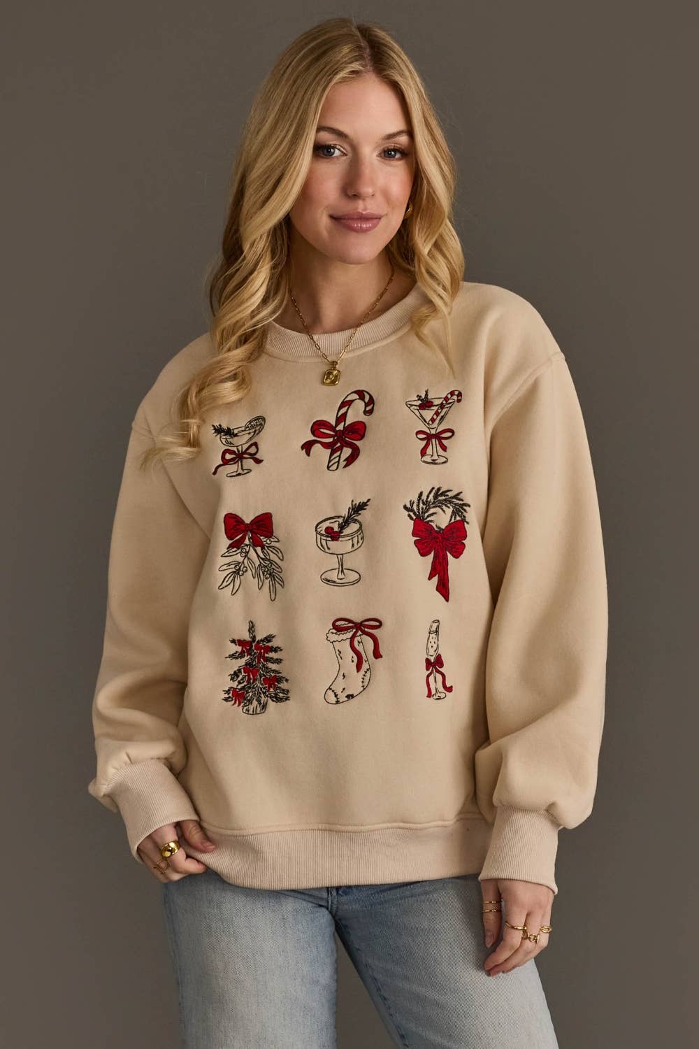 Beige Christmas Graphics Embroidered Sweatshirt