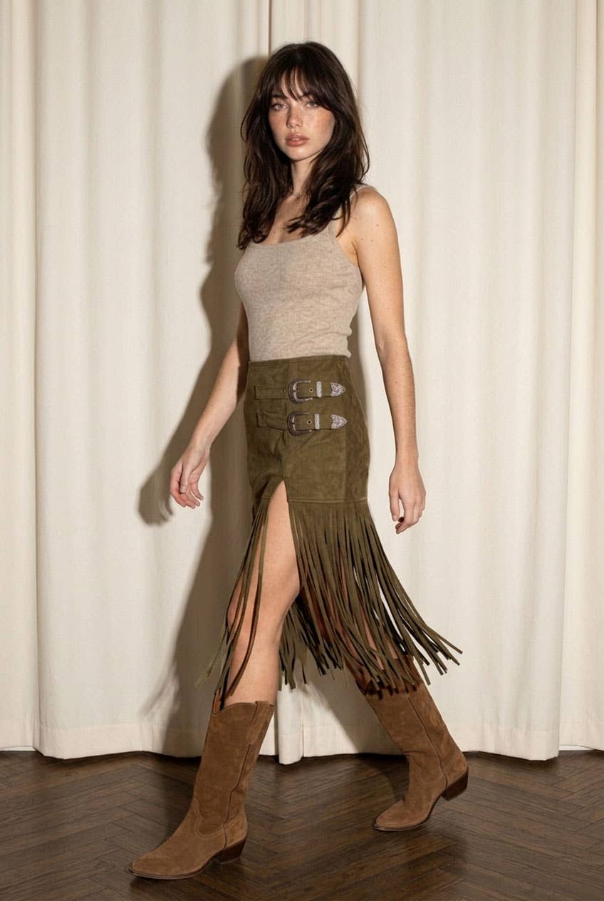 Suede Fringe Buckle Skirt