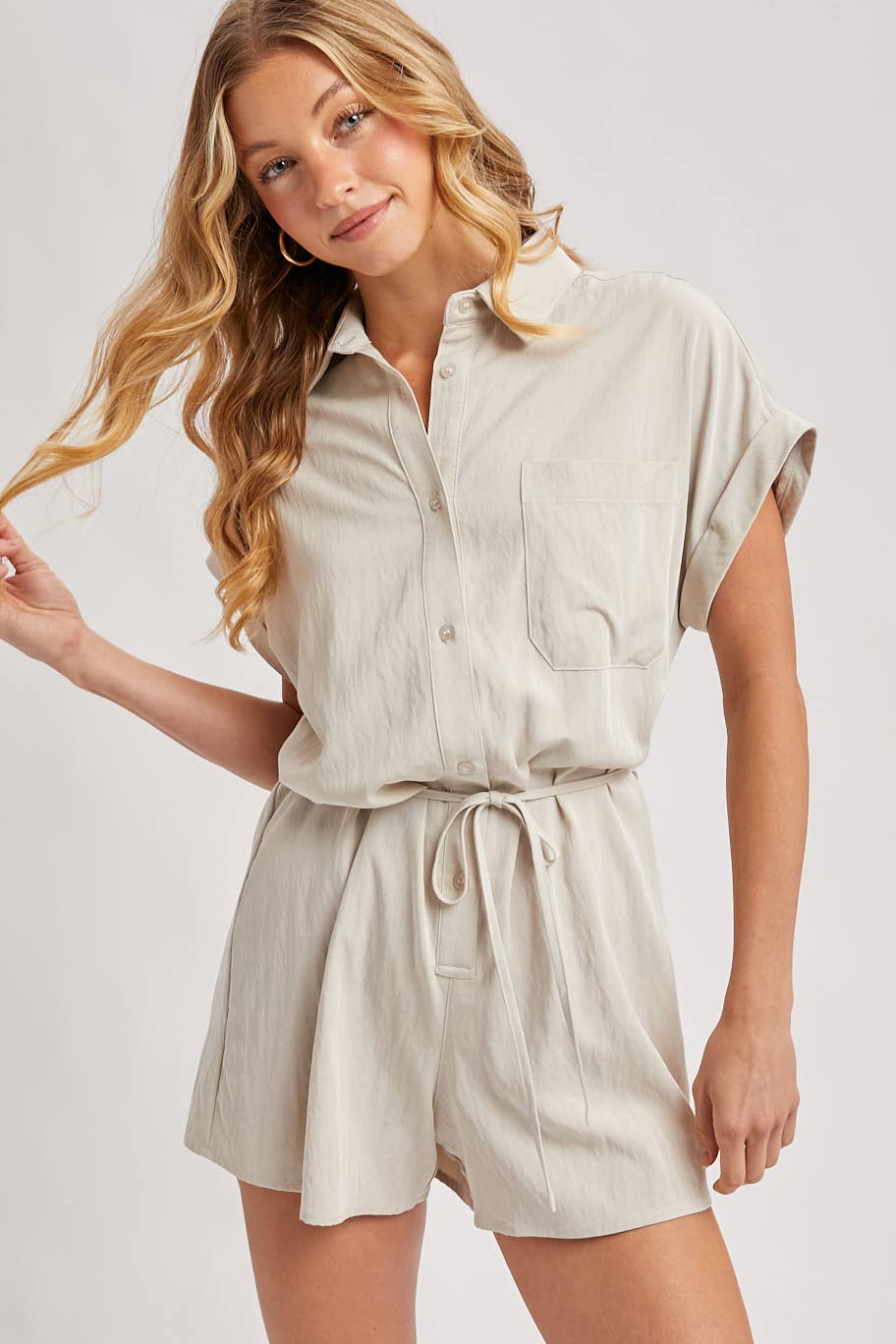 UTILITY FLOWY SHORT SLEEVE BELTED ROMPER
