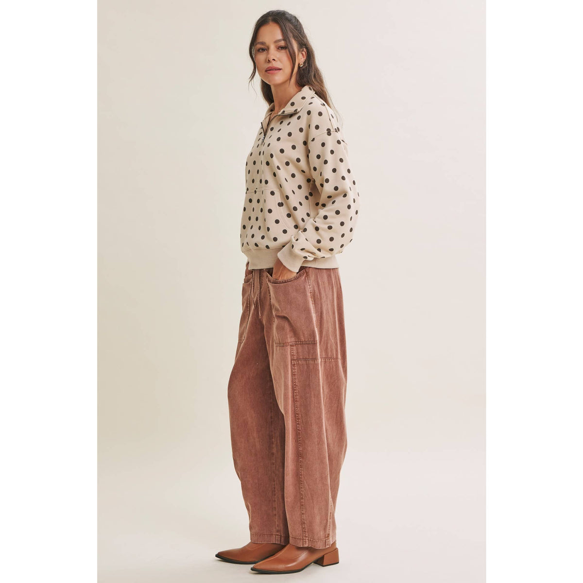 COFFE RUN PLAYFUL POLKA DOT HALF-ZIP FRENCH TERRY PULLOVER
