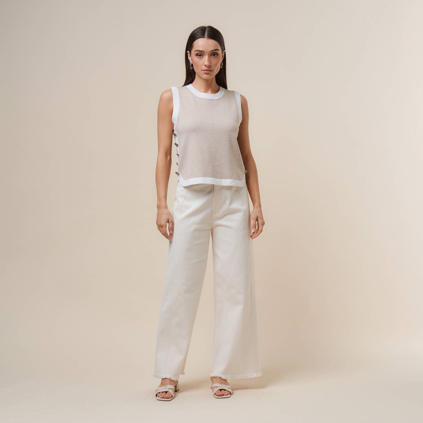 Oatmeal & Ivory Button Top