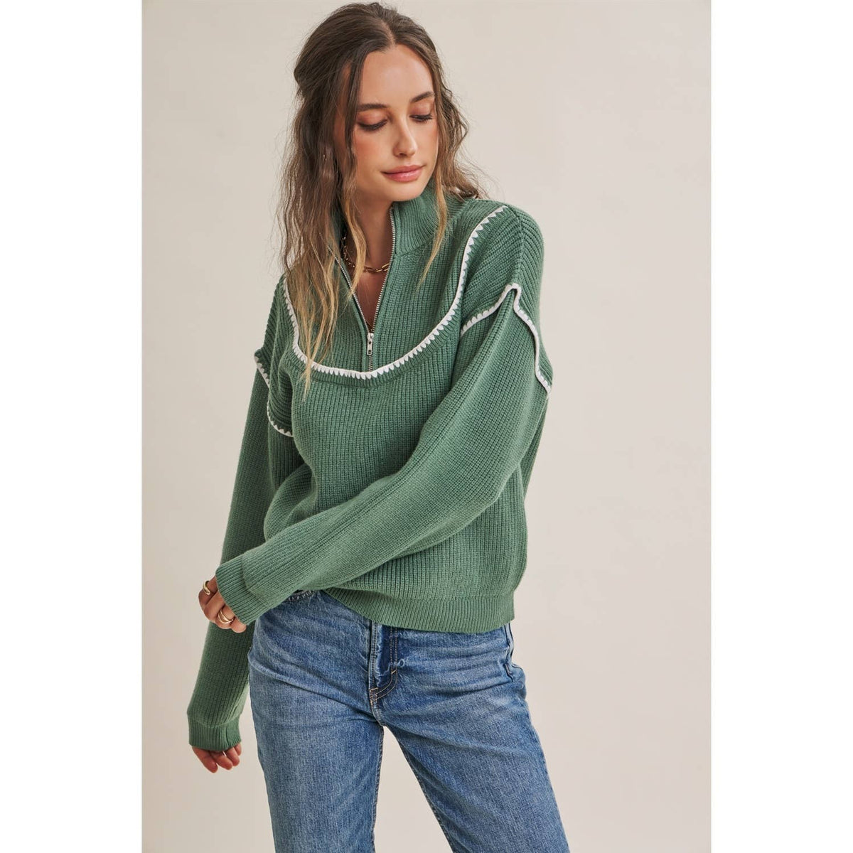 CABIN AIR CONTRAST WHIPSTITCH EMBROIDERY HALF ZIP SWEATER