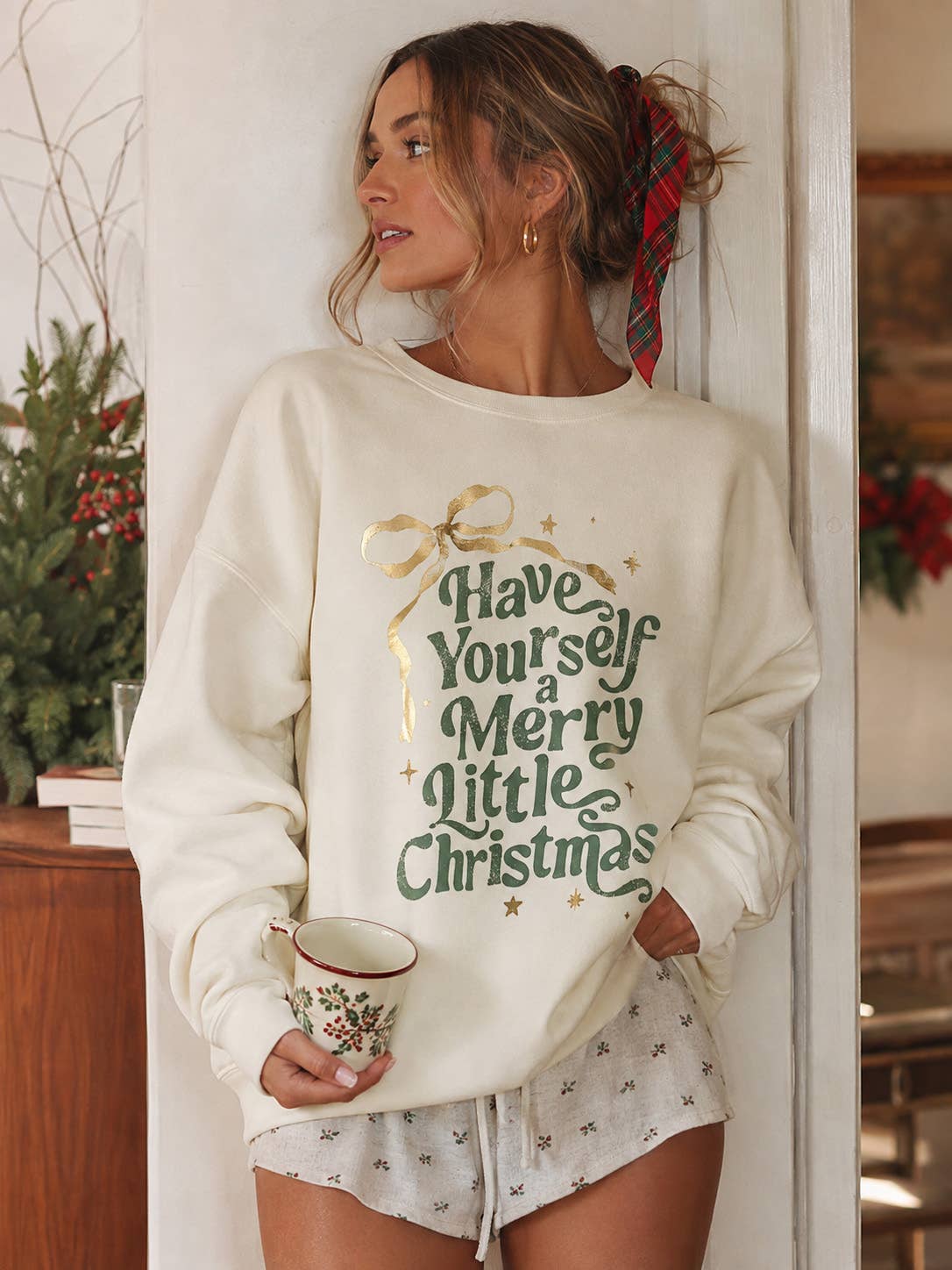 Merry Little Christmas Cream Graphic Holiday Sweatshirt