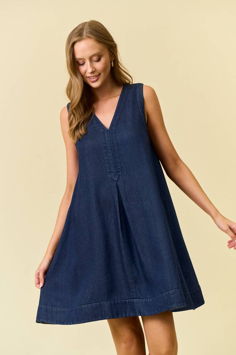 DENIM V-NECK SLEEVELESS A-LINE DRESS - 28288D