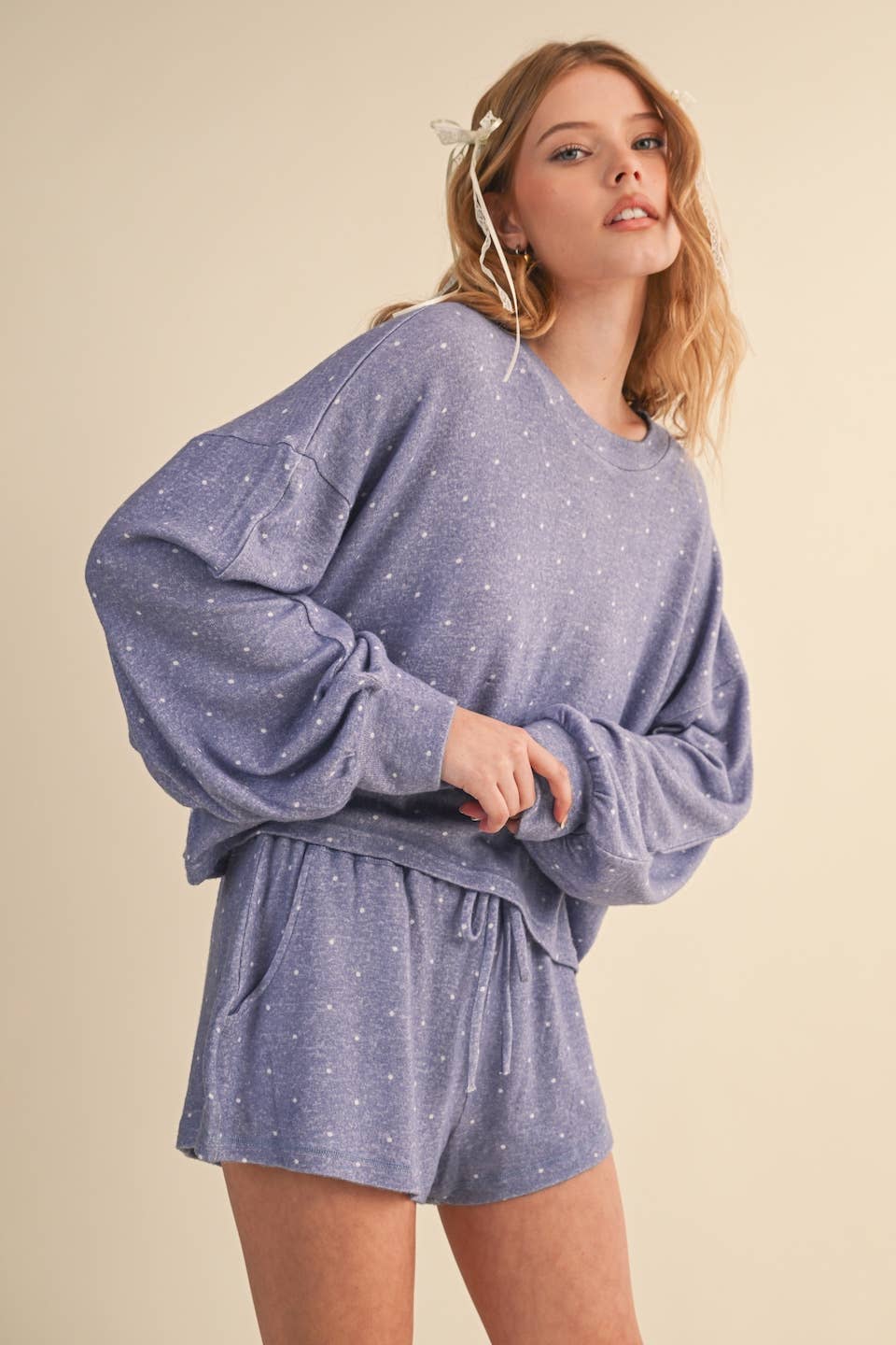 Polka Dot Print Hacci Long Sleeve Crewneck Top
