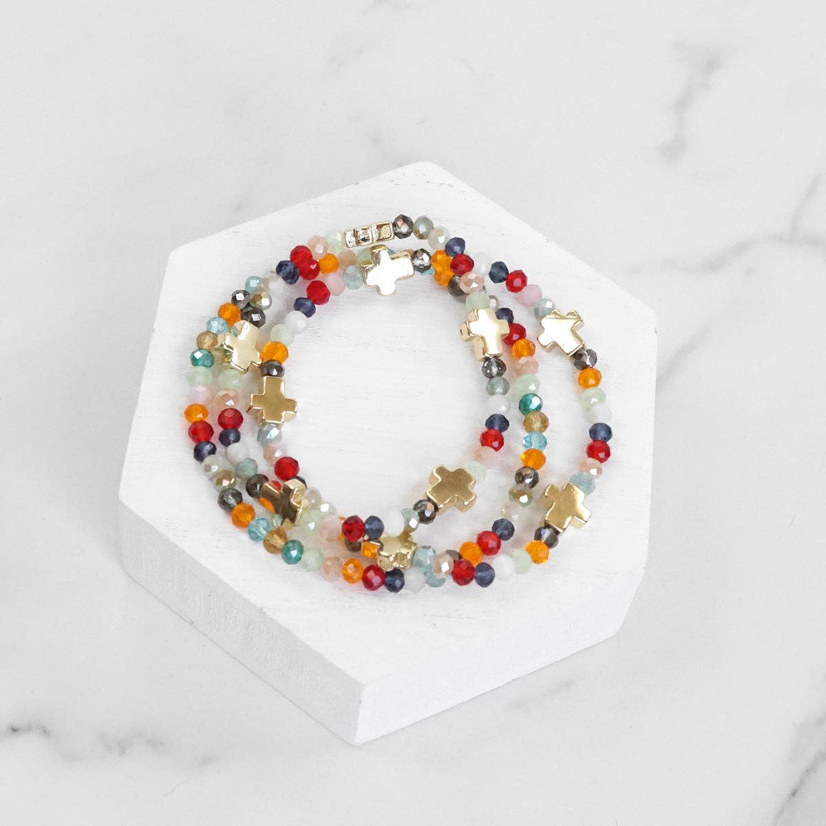 Glass & Gold Cross Bracelet Stack