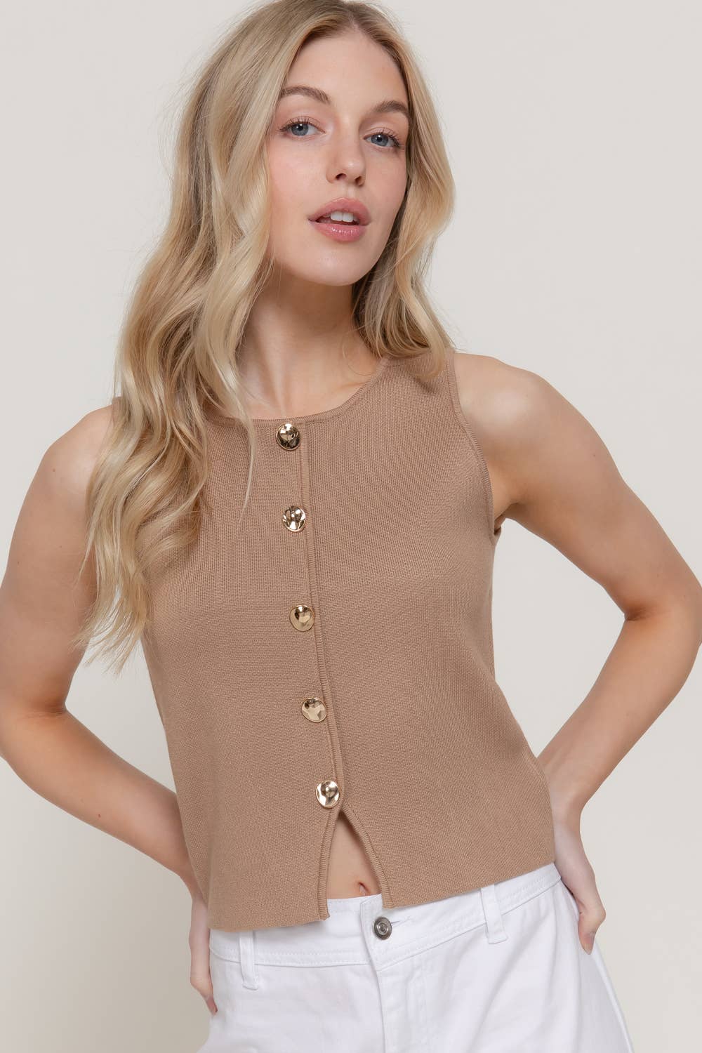 Sleeveless Crew Neck Button Down Sweater Top