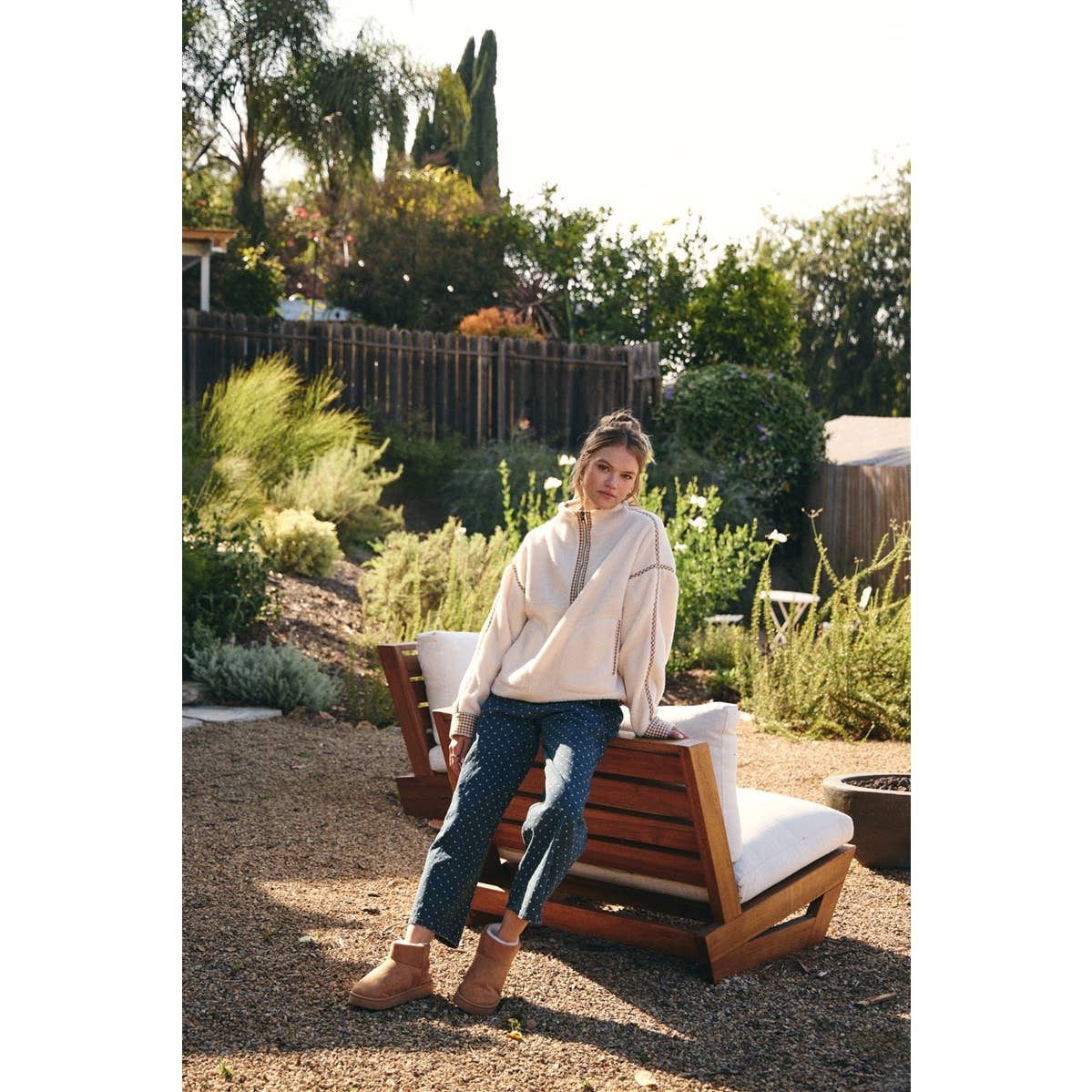 COZY CABIN GINGHAM TRIM SHERPA FLEECE HALF-ZIP PULLOVER