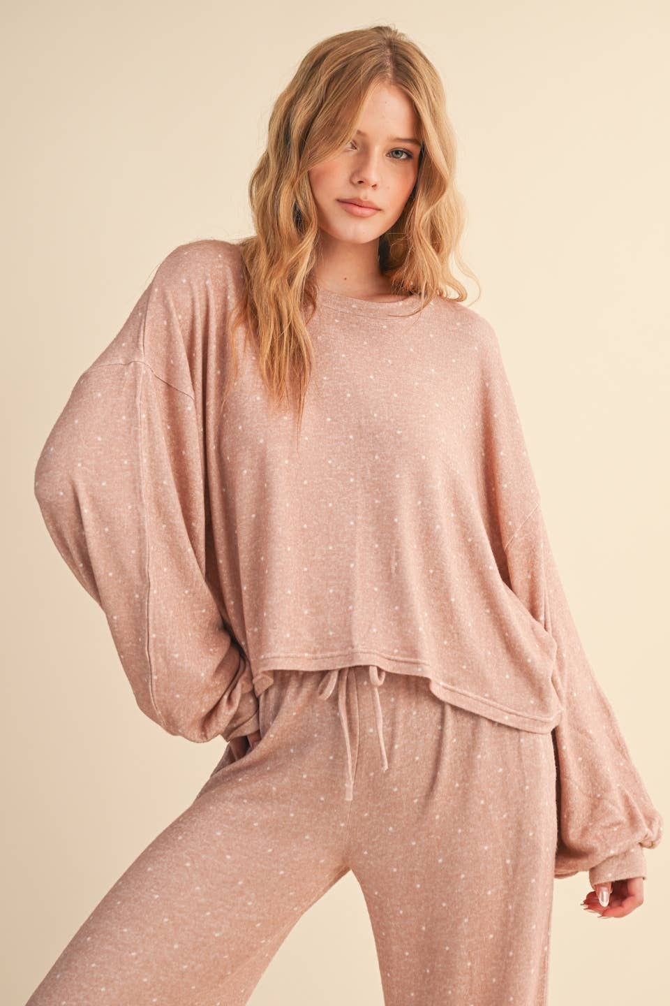 Polka Dot Print Hacci Long Sleeve Crewneck Top