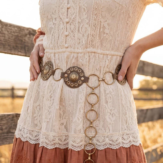 Gold Concho Ring Leather Chain Belt