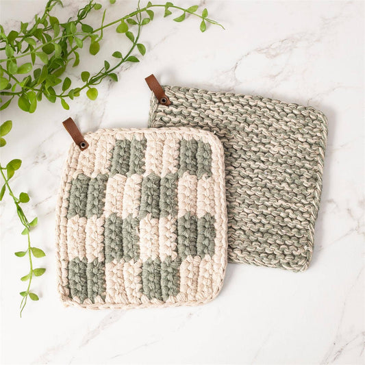 Knitted Pot Holder - Sage and Cream